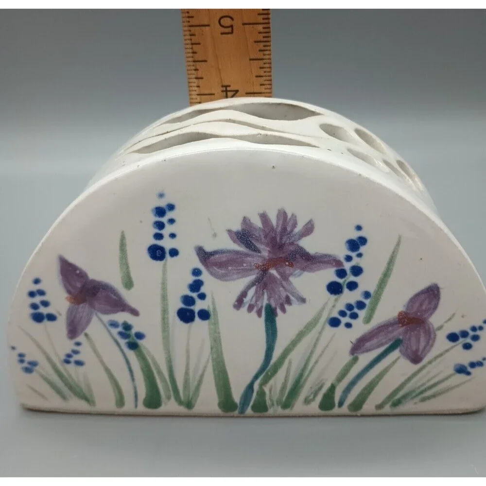 Ceramic Art Piece Vase Hand Thrown Painted Iris Floral Arrangement